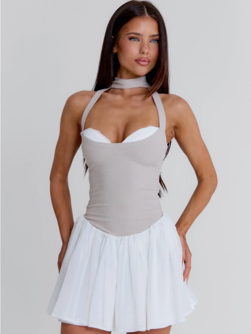 EMORY MINI DRESS TAUPE WHITE